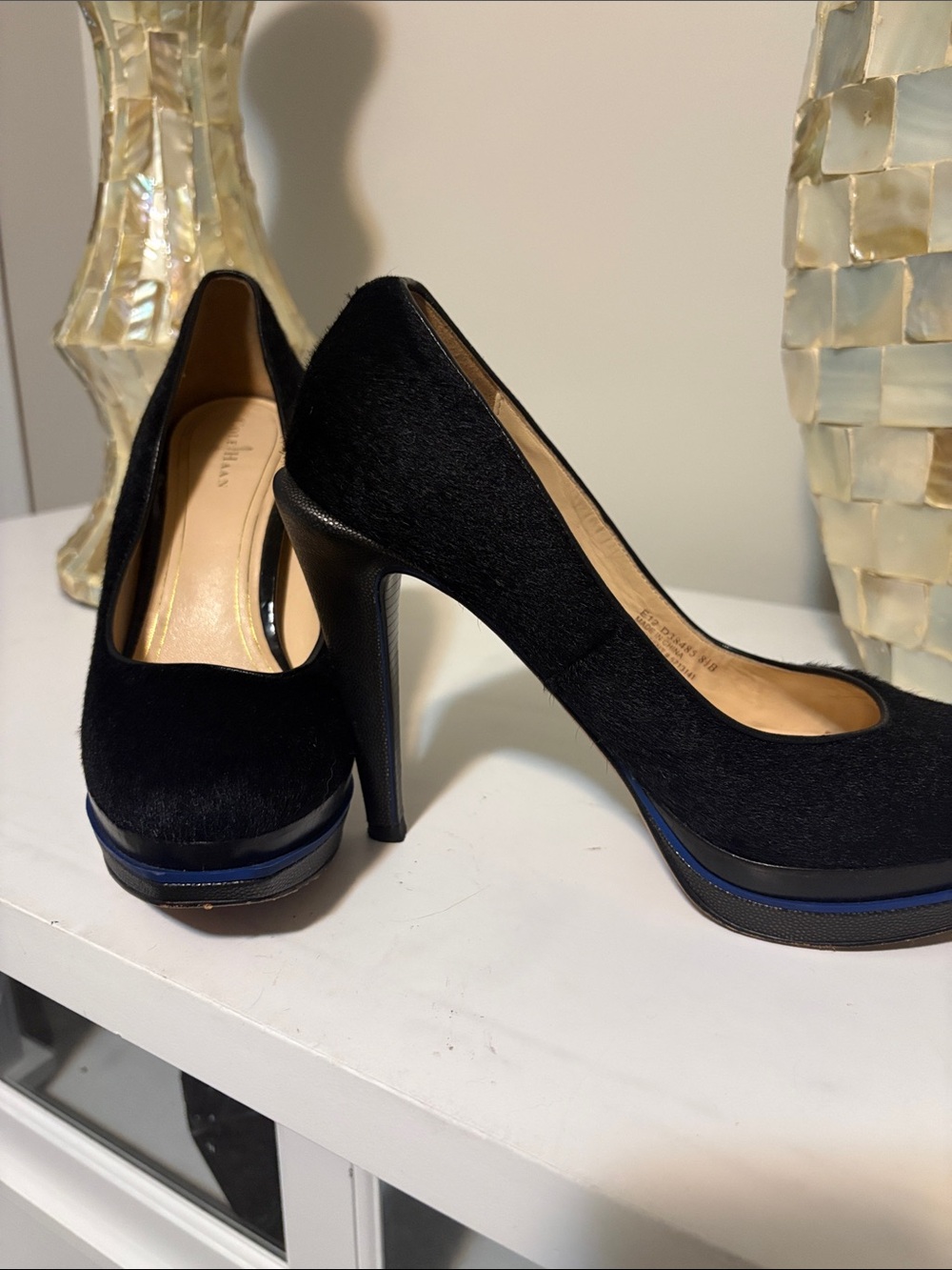 Black Platform Stiletto Pumps with Blue Trim